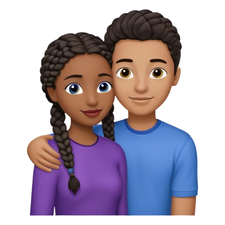 Boyfriend who is middle Easterntan olive skinned with blue eyes and wavy straight brown hair in a blue shirt and his African girlfriend who is very black skinned, juicy lipped with black braided hair and the two are hugging and smiling hugely she’s wearing purple and she has black eyes sticker