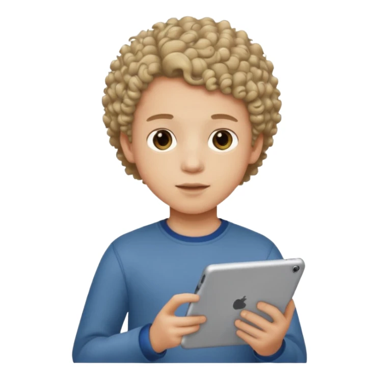 boy with short curly hair with tablet sticker