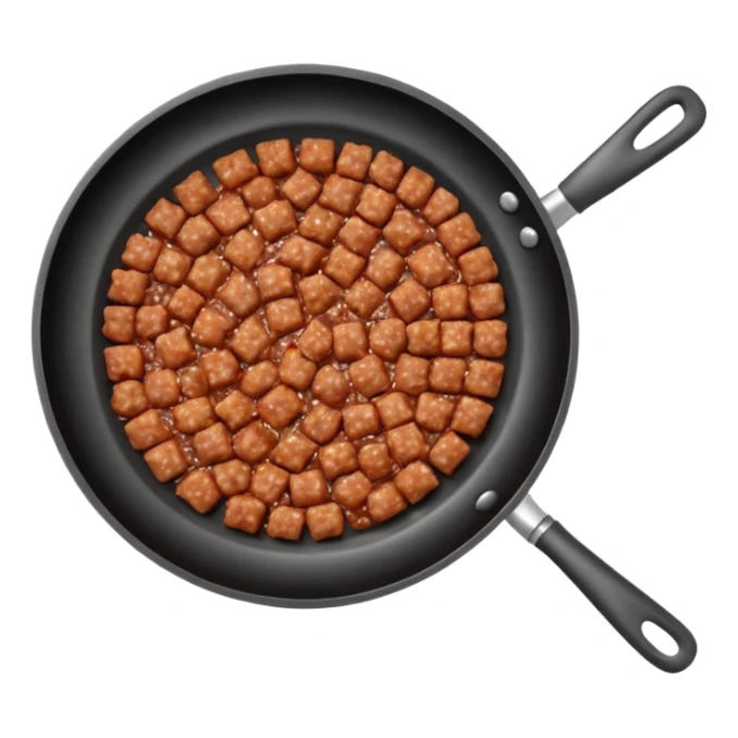 A 3D cartoon frying pan with minced meat being cooked, top view, realistic texture, Memoji-style. sticker