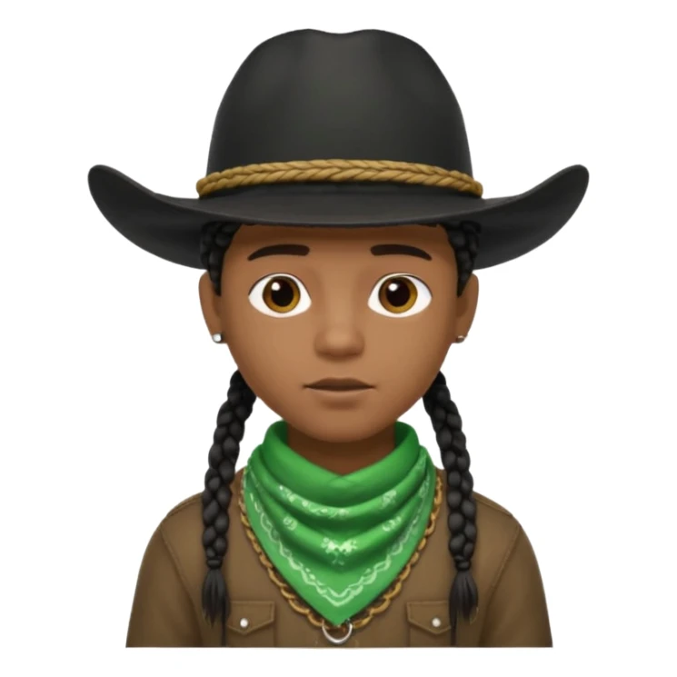 Black boy with short box beaids wearing a black cowboy hat with green bandana around his neck sticker