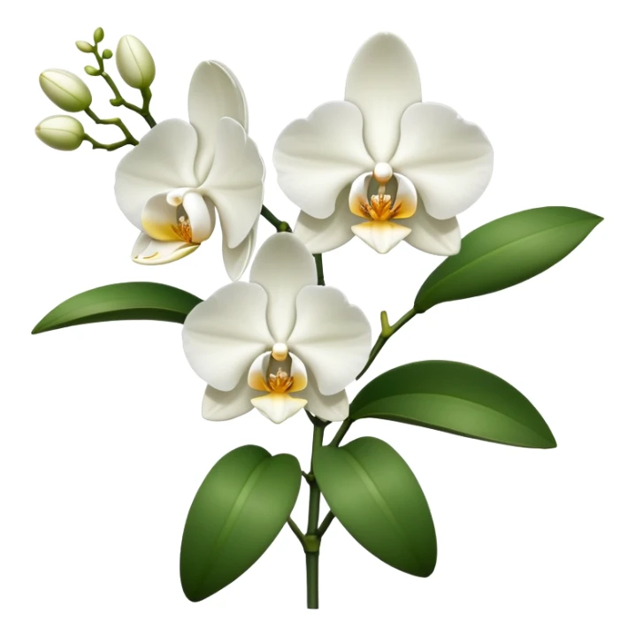 Single elegant orchid stem with several blooms on one stalk and a few green leaves at the base sticker