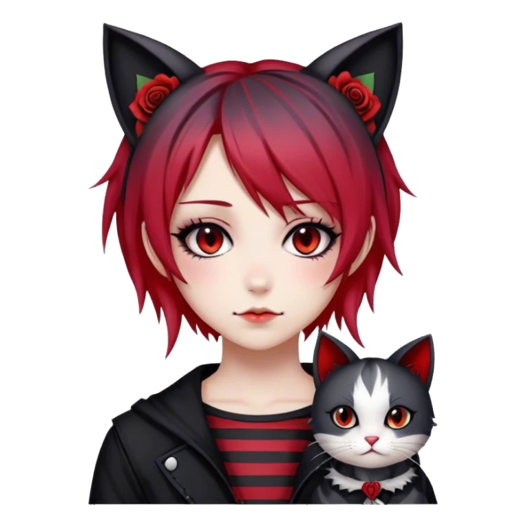 Bloody black rose anime gothic emo  beautiful gorgeous cool edgy cute lady with cat ears, gradient black-and-red-striped hair, tomboy style sticker