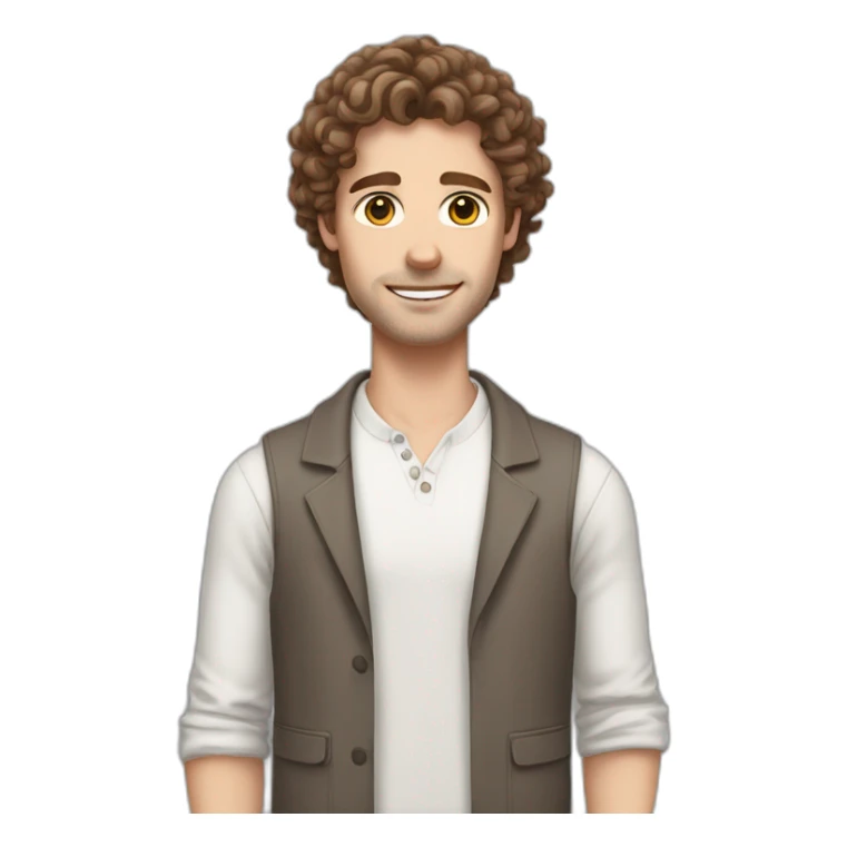 White man with brown curly hair, brown eyes, thick eyebrows, sharp jawline, bigger nose holding white and grey Ragdoll cat sticker