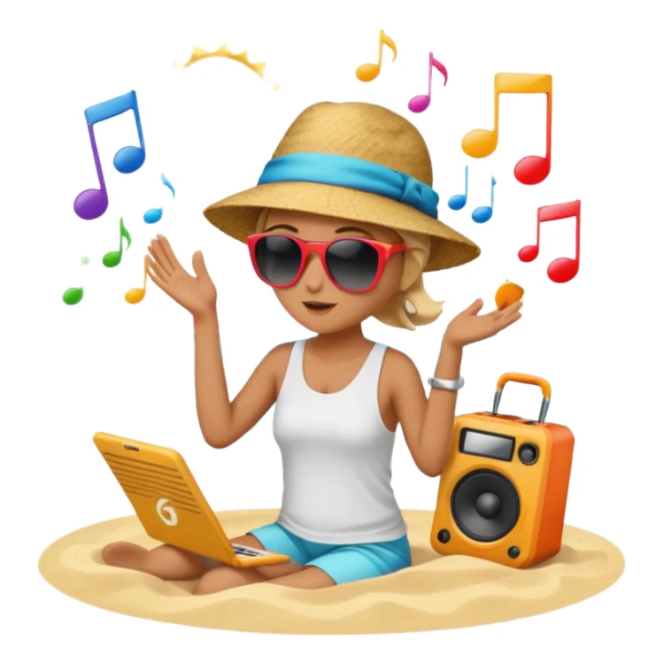 Someone listening to a speaker at the beach. Add some musical notes coming out of the speaker. sticker