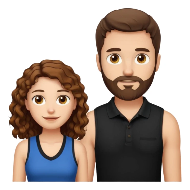 Criar Casal - Homem branco de cabelo liso e olhos marrom, com barba, expressão séria usando camiseta polo preta e mulher de pele branca cabelo cacheado marrom longo e olhos mel, usando uma regata fina branca, quero ela sorrindo sticker