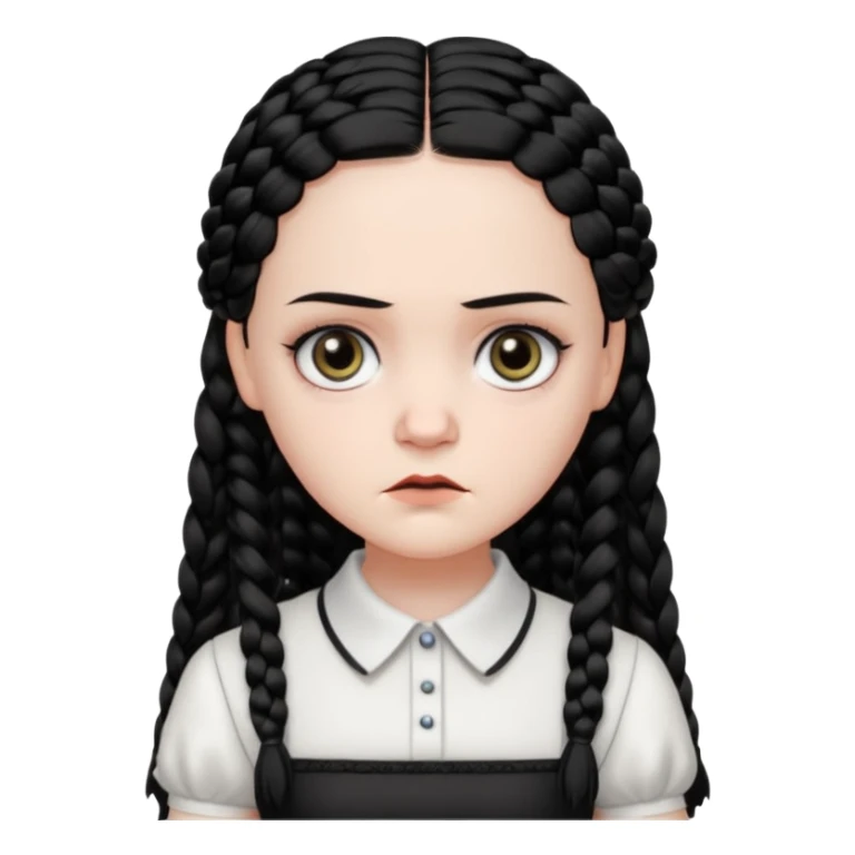 Draw Wednesday Addams with pale skin, black braids, white-collared dress & serious expression. sticker