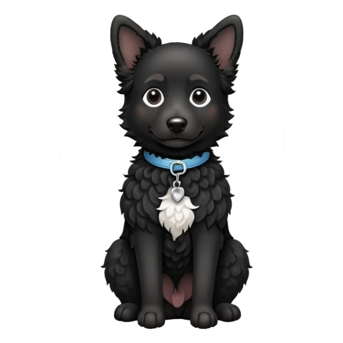 black dog with curly fur, white patch on chest, sitting sticker