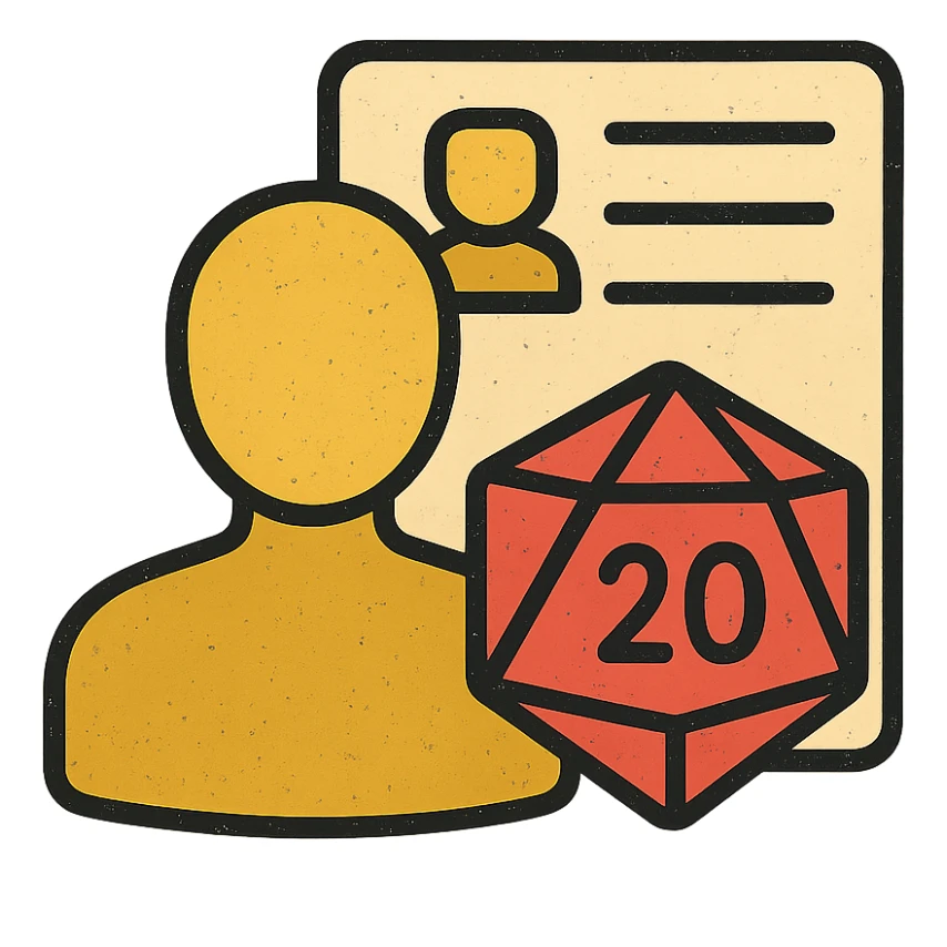 minimalist icon representing Player for DnD TTRPGs with silhouette, D20 dice, or character sheet, worn and distressed look sticker