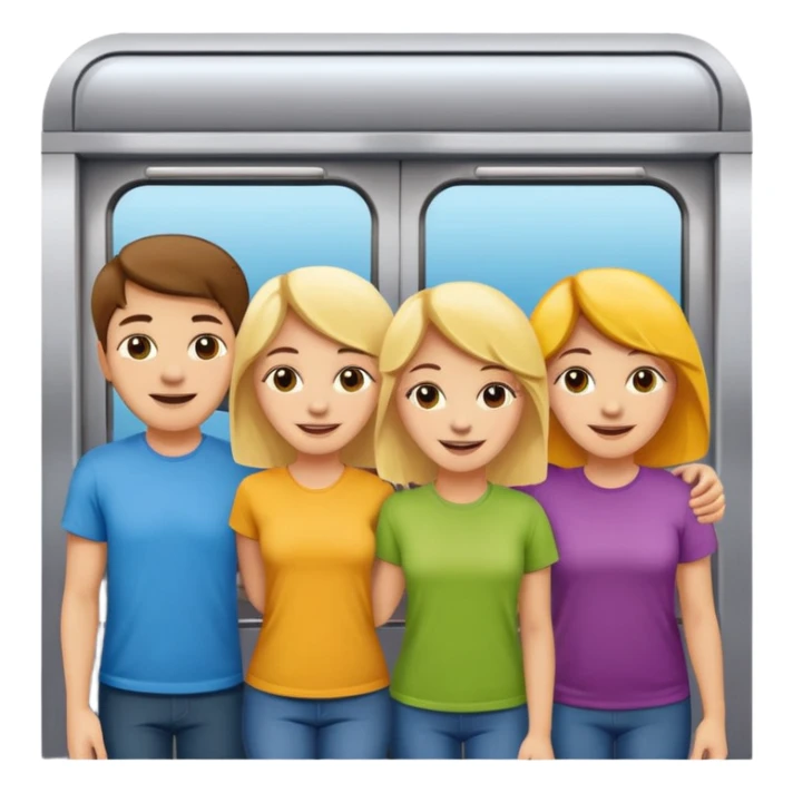 five happy people, mixed genders, friendly and close, inside subway car similar to Apple emoji subway with colorful exterior, wearing t-shirts in various light colors, Apple emoji style sticker