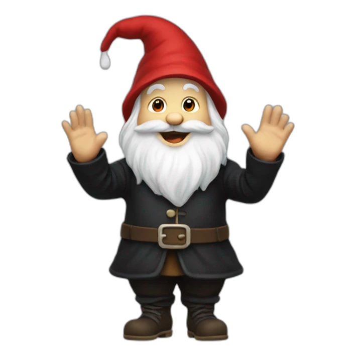 gnome waving hey in black clothing excitedly sticker