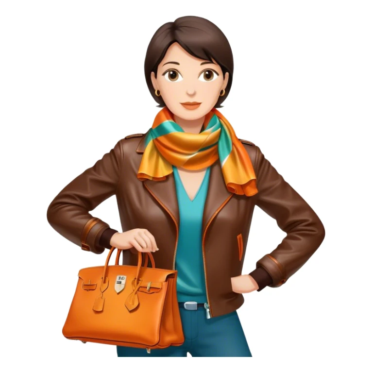 Mature woman wearing a dark brown leather Hermes jacket and a multicolored silk scarf around her neck. She has a large orange Hermes Birkin Bag. I want the image to be close up, starting from the waist up.  sticker