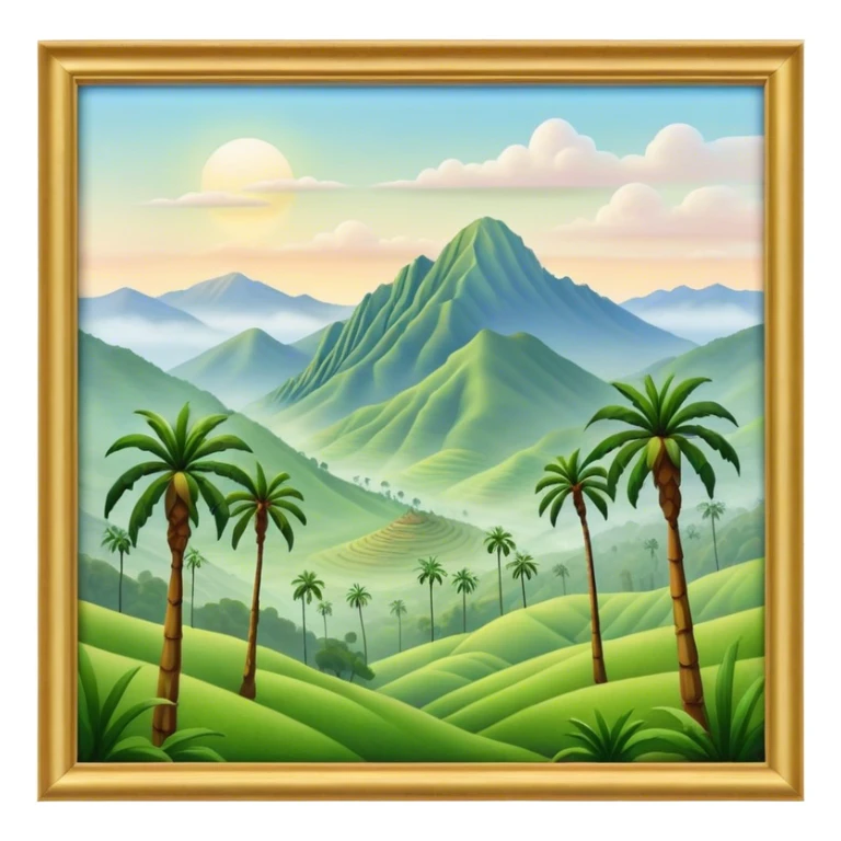 Cinematic Realistic Cocora Valley Landmark Emoji, featuring towering wax palm trees swaying in the misty green valley, with rolling hills and distant mountain peaks bathed in warm morning light. sticker