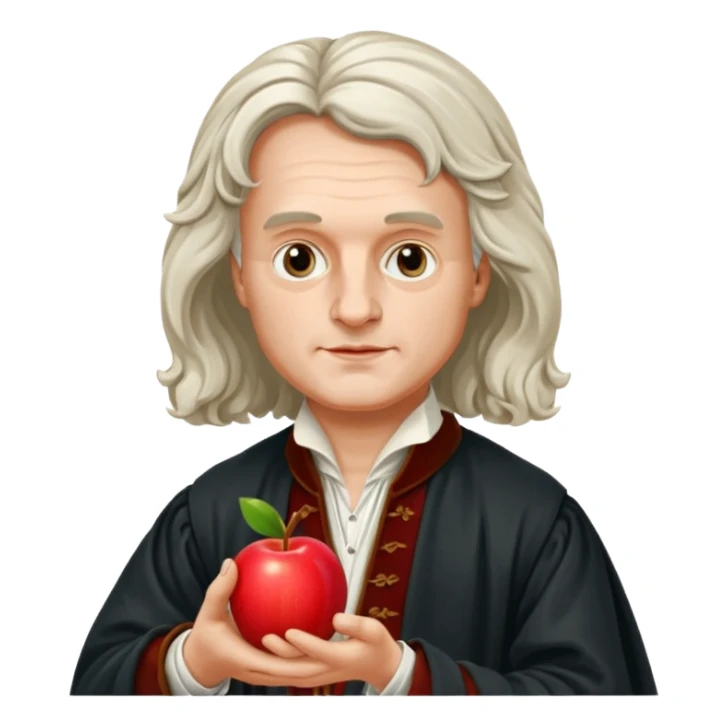 Isaac Newton wearing 17th-century aristocratic attire, hold an apple sticker