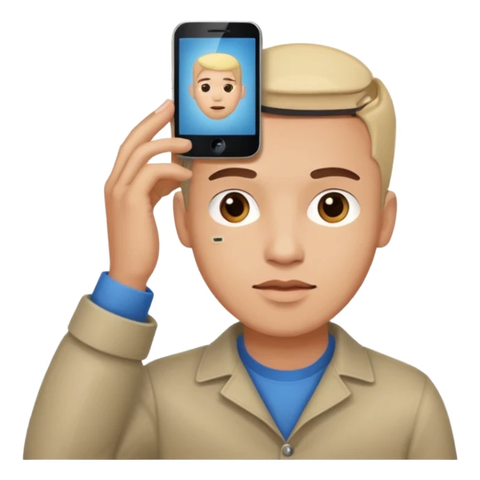 a guy holding a phone horizontally on his forehead like it was a card sticker