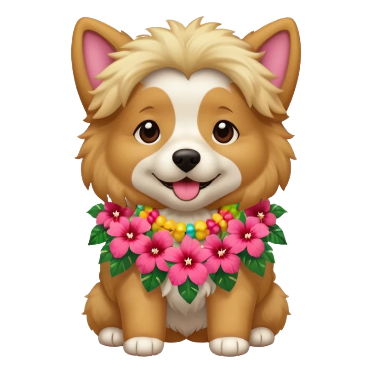 A fluffy dog wearing a bright hibiscus lei, wagging happily. sticker