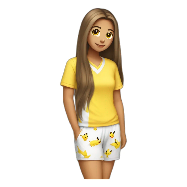 Brown straight long hair white woman wearing pikachu pyjama sticker