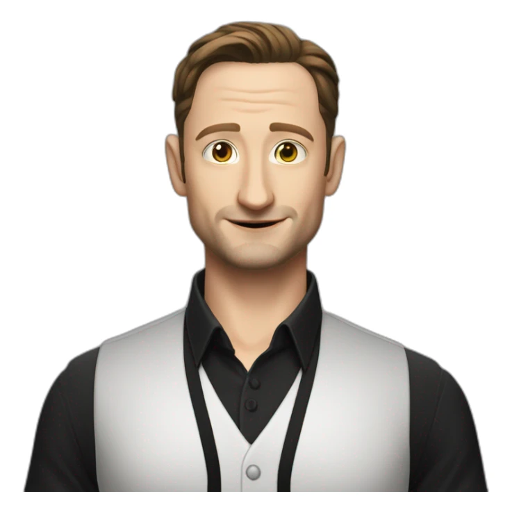 tim robinson dark slicked back hair white shirt, black vest sticker