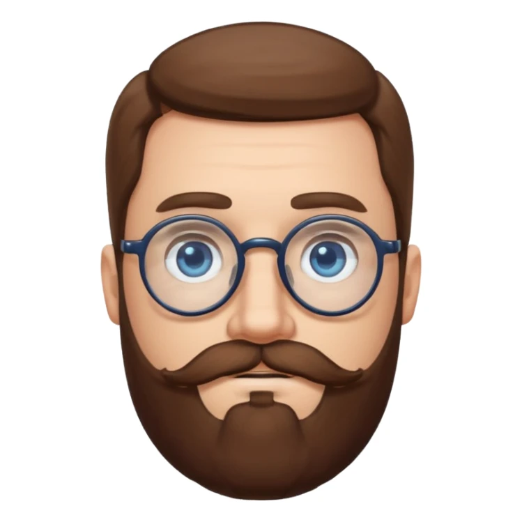 White man with blue eyes, long brown hair, large round glasses, mustache and beard sticker