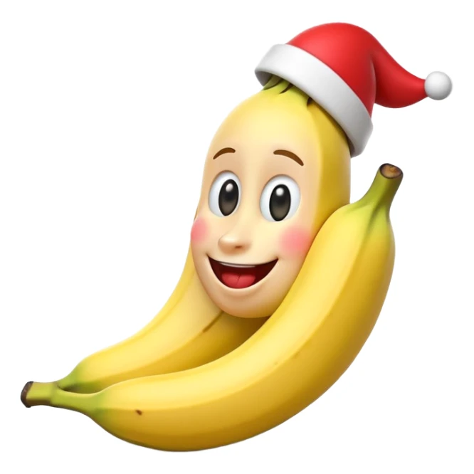 A 3D cartoon banana with a red nose and tiny hat, smiling face, playful pose, Memoji-style. sticker
