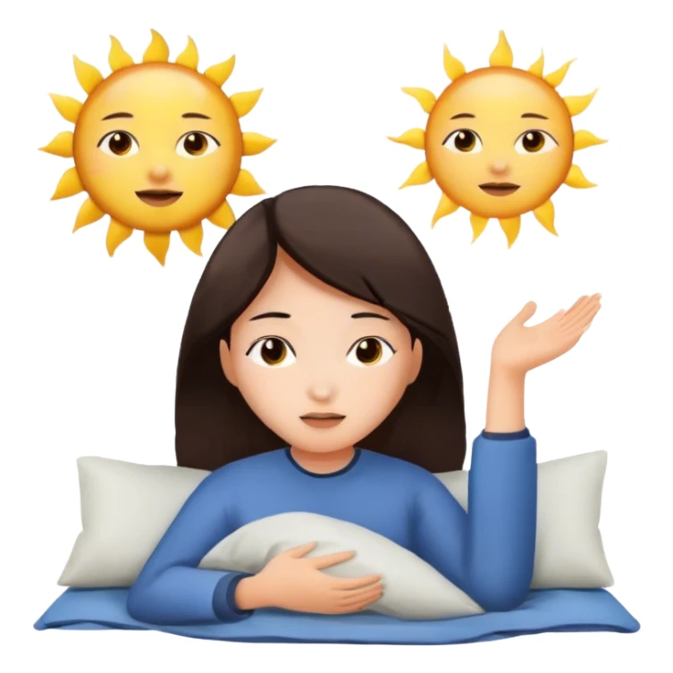 brunette Asian girl waking up in the morning with sun sticker