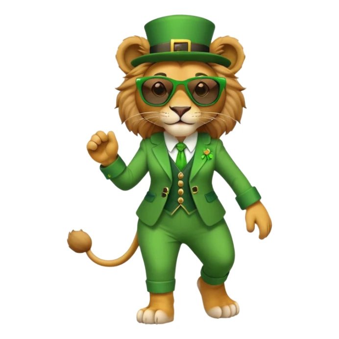 friendly anthropomorphised female lion dressed for St. Patrick's Day in green outfit with festive accessories, dark sunglasses, walking upright with confident stride sticker