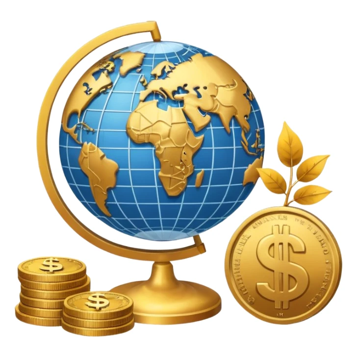 An icon featuring  a dollar sign, and a chart with upward trends, symbolizing economics. The design includes coins, bills, and a globe, representing global trade and financial systems. Transparent background highlights the study of markets, supply, and demand. sticker