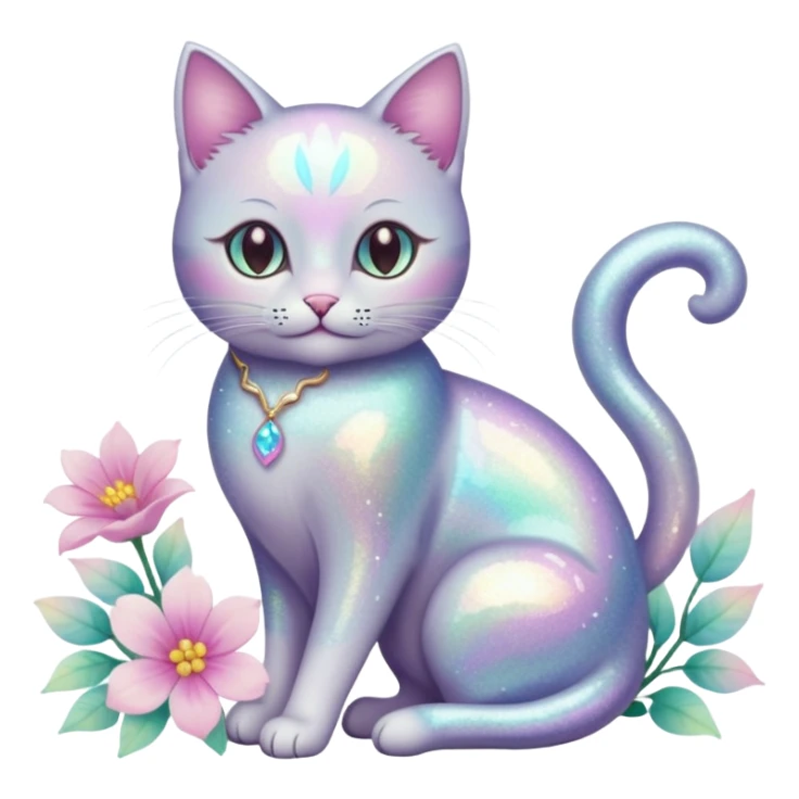 Pastel iridescent shiny ethereal elegant pretty beautiful realistic glossy glittery cat with flowers and pastel colors aesthetic sticker