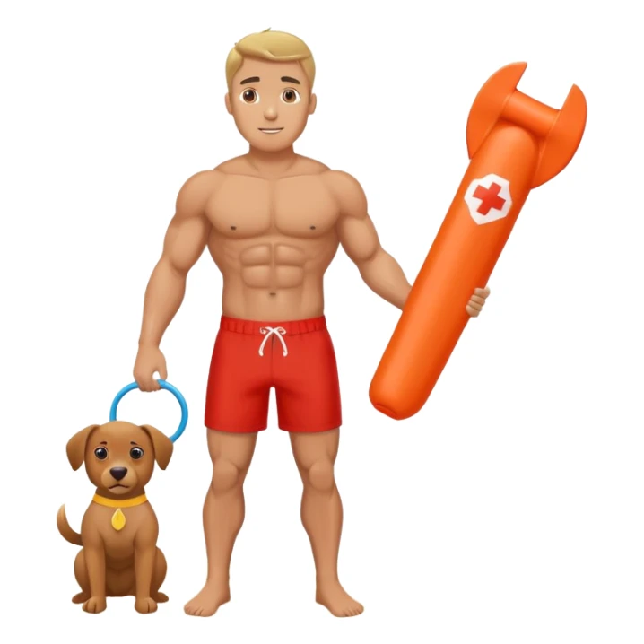 Muscular lifeguard man on beach with rescue tube sticker