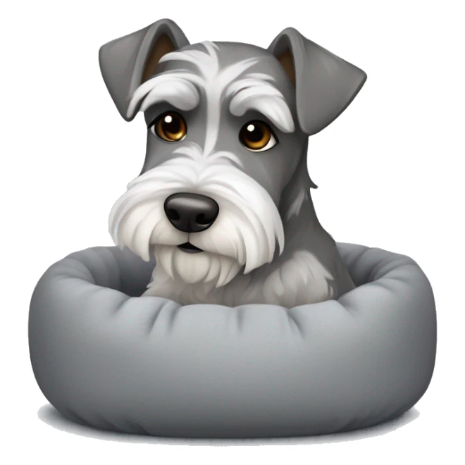 Grey and white mini schnauzer with dark brown eyes full body asleep in fluffy grey dog bed      sticker