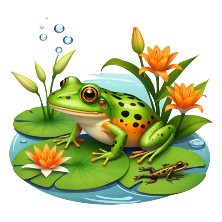 Icon for Amphibians: A colorful collage featuring a frog sitting on a lily pad, a salamander crawling on the ground and a newt swimming in water. The background features lily flowers and a calm pond setting. Transparent background. sticker