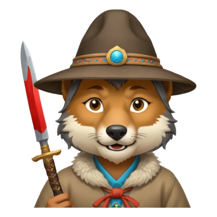 wolf face, mogolian ancient with small knife and hat sticker