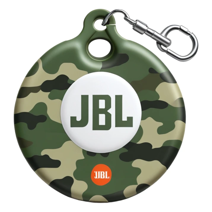 Extremely simple JBL Clip 4, clean circular form with hook, just 2-3 green camo elements, prominent JBL logo, iOS emoji style sticker