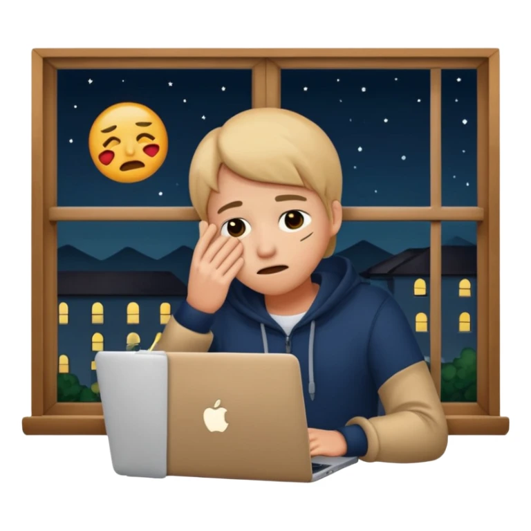 tired student with laptop, window at night behind, hand covering face, apple style emoji sticker