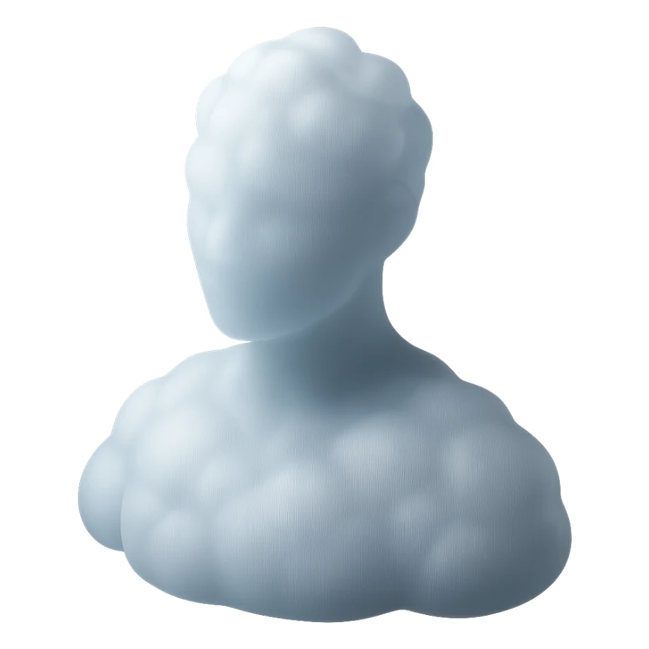 A person from shoulders up, fully made of white fluffy convex clouds, matte glass style, no shadows, no background, no extra details. sticker
