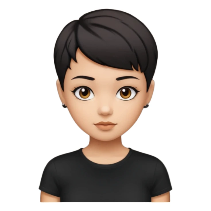 A girl with black short pixie haircut cut, dark brown eyes that almost look like black, caramel tone skin colour. Wearing a black t-shirt.  sticker