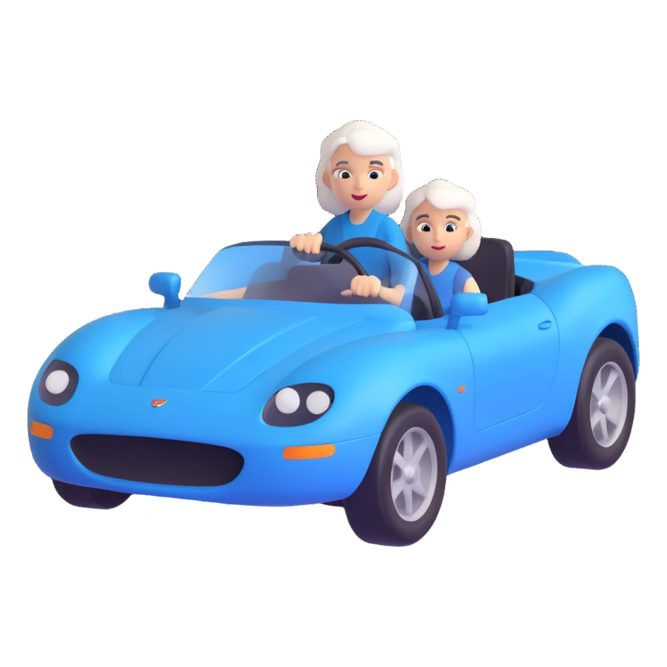 mother with white hair driving a blue sports car sticker