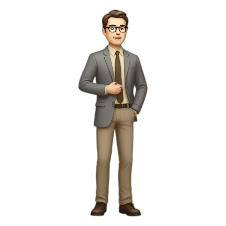 Full height Actively Gesturing Pale skinned fit man with dark brown hair in gray jacket, beige office shirt, brown tie, brown pants and vintage glasses. sticker