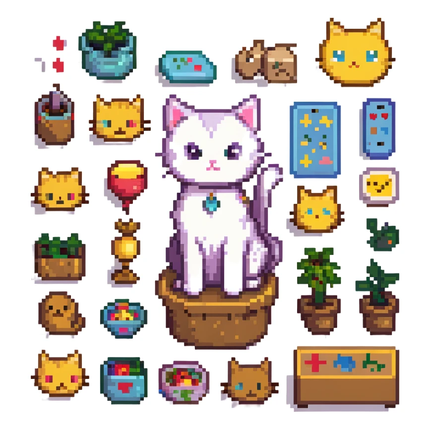 pixel art kitty surrounded by emoji sketches, playful scene sticker