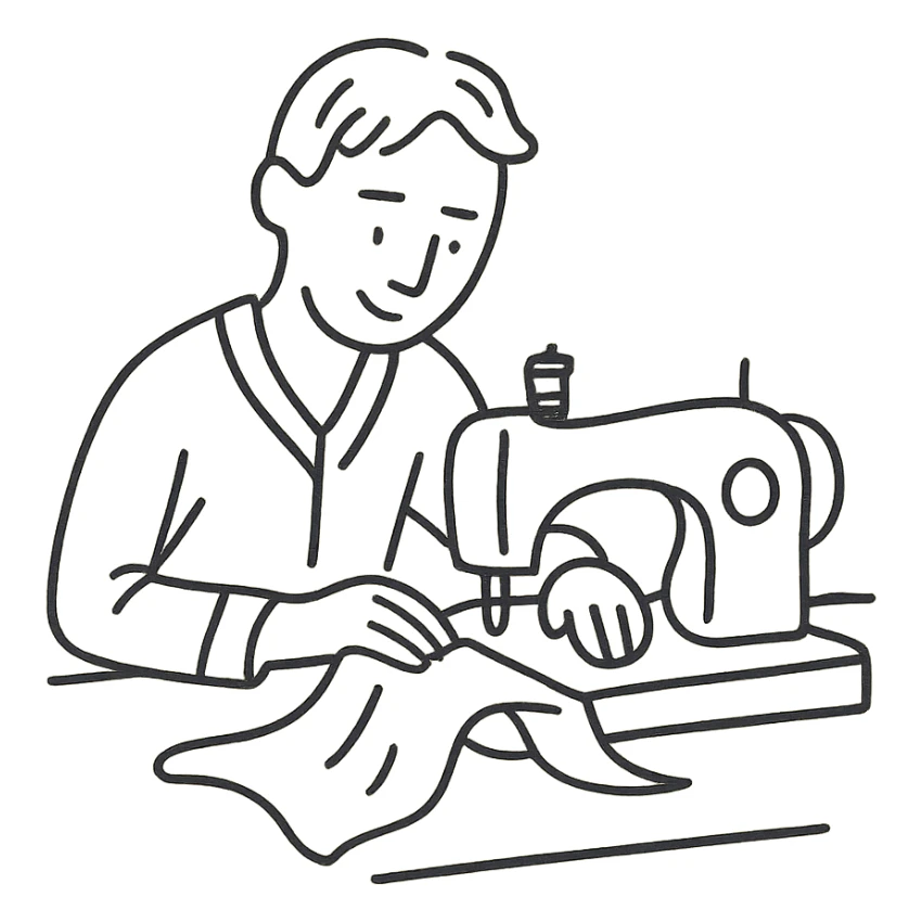hand-drawn outlined icon of a tailor sewing, sketchy lines sticker