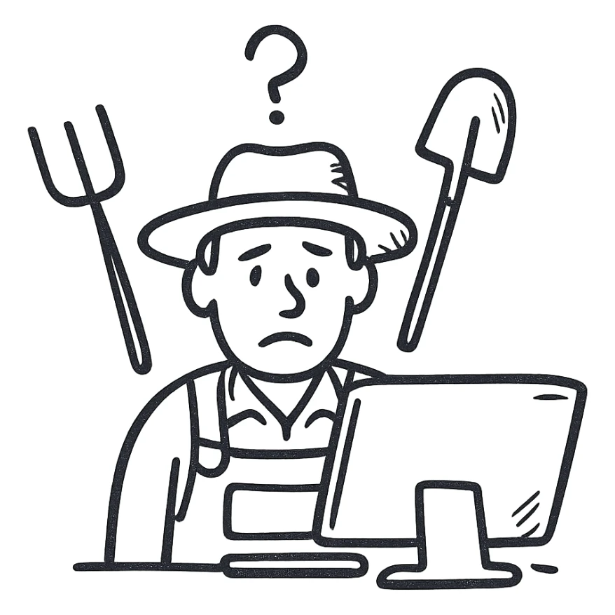 A farmer with a straw hat, surrounded by farm tools, staring at a computer screen in confusion, in a hand-drawn style sticker