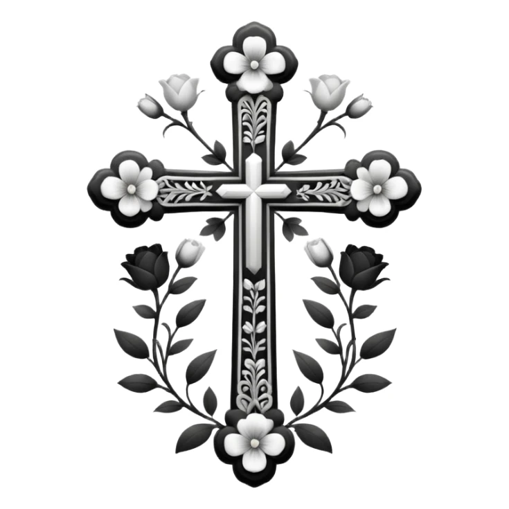 a black and white detailed cross with flowers over lapping sticker