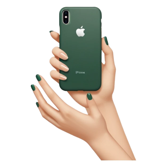 female hand with nude manicure (5 fingers) holding a white iPhone in a dark green case, minimalism, side view, emoji style sticker