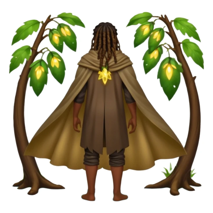 full body woodland character, dark skin man with dreadlocks, from behind, open back leaf cloak, wet skin shine, fireflies around sticker