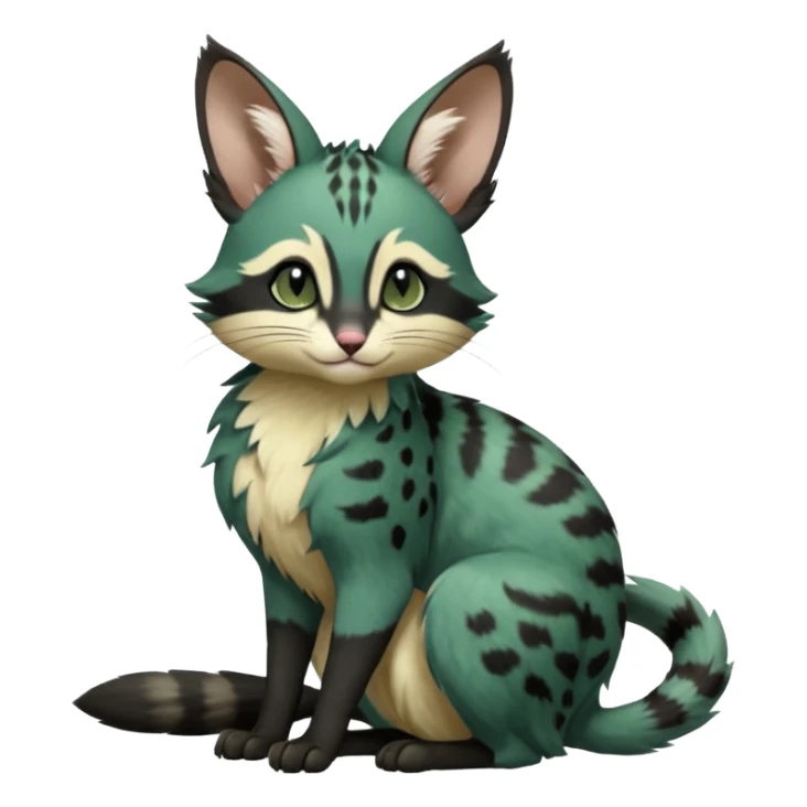 Dark-Green, black-pointed, soft natural realistic romantic vintage antique divine beautiful elegant pretty precious cute young youthful  Fakémon-Pokémon-opossum-feline-serval-caracal-chinchilla-Minccino-Cinccino-Meowstic-rodent-hybrid-creature with a big fluffy bushy tail (full body) sticker