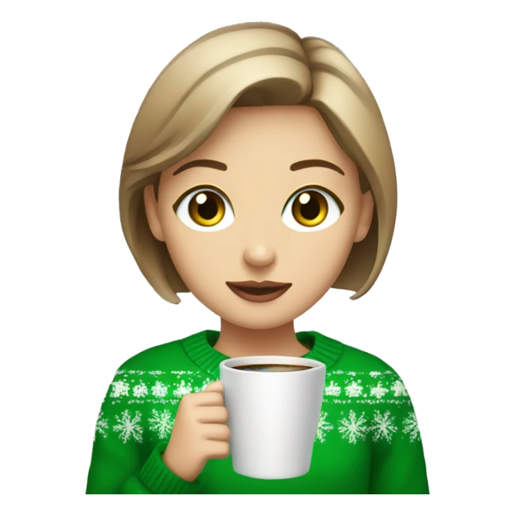 Light brown short haired girl with green eyes drinking coffee wearing Christmas sweater sticker