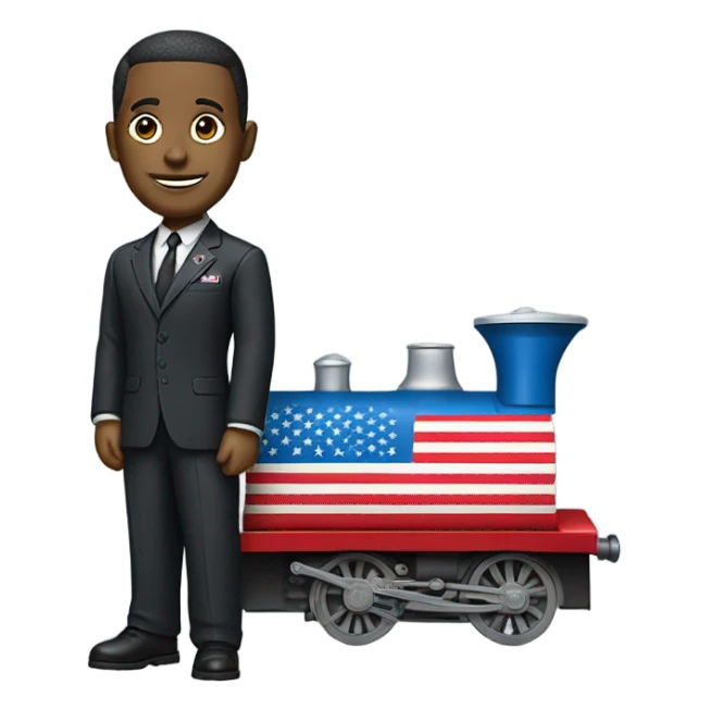 Thomas in a train body wearing a suit with an American flag pin on it sticker
