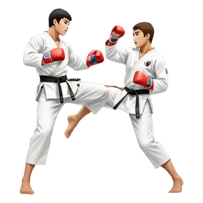 Two taekwondo fighters in traditional white doboks with black belts. One delivers a powerful kick, while the other defends by blocking with his knee. The background shows a professional arena with bright lights and an excited crowd. Transparent background highlights the intense action sticker