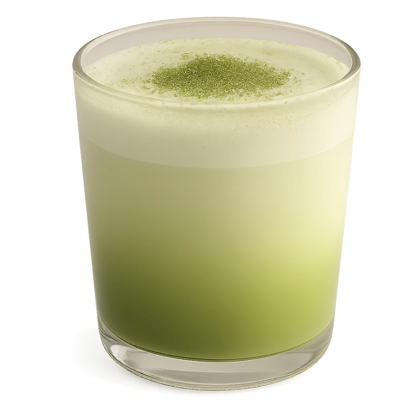 aesthetic matcha latte in a transparent cup, with a cute gradient from green to milk color, visually appealing and soft lighting sticker