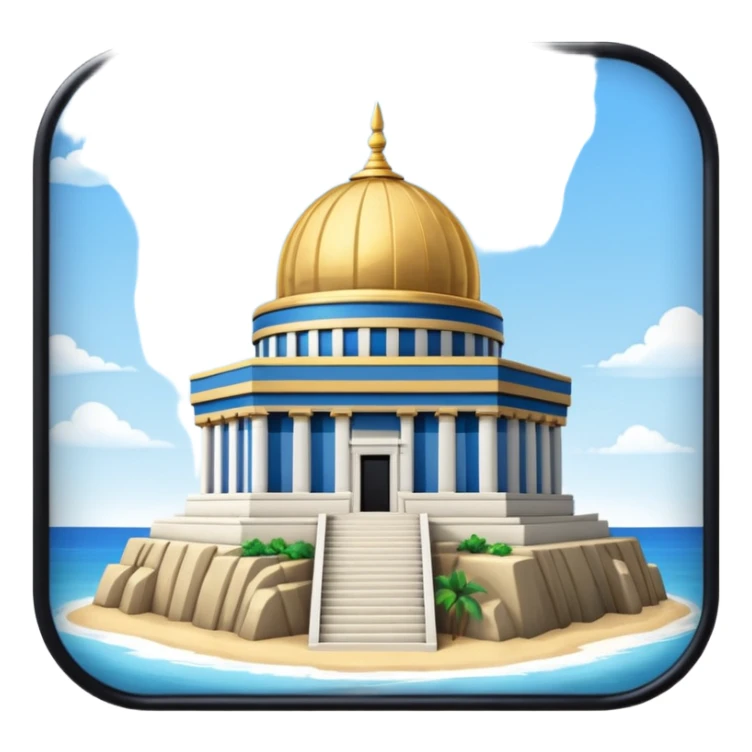 epstein island cubic temple with blue horizontal stipes on the side and a goldon dome on top sticker