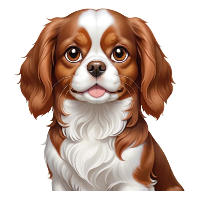 Cinematic Cute Blenheim Cavalier King Charles Spaniel Portrait Emoji, Head tilted playfully and inquisitively, silky Blenheim coat with warm chestnut and crisp white patches, round, sparkling brown eyes filled with curiosity, Simplified yet irresistibly adorable features, highly detailed, glowing with a warm, friendly glow, high shine, affectionate and lively, stylized with a touch of whimsy, bright and endearing, soft glowing outline, capturing the essence of a mischievous yet loving pup, so playful it feels like it could pounce out of the screen and into your arms! sticker